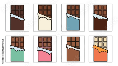 Colorful chocolate bar illustration set in various flavors displayed in packaging design
