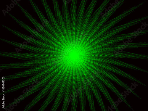 Abstract green starburst with radiant light patterns on black background