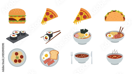 Diverse collection of illustrated food icons showcasing global culinary delights burger to sushi