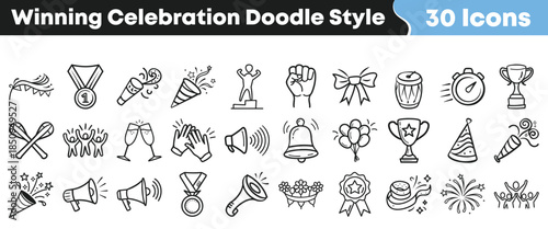 Collection of 30 doodle style black and white icons representing various winning celebration and achievement moments on transparent background