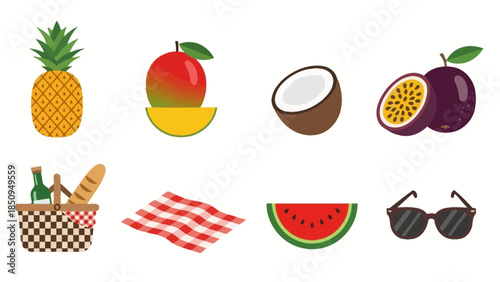 Colorful summer picnic elements vector illustration with tropical fruits and sunglasses