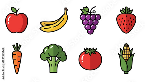 Colorful Vector Illustration of Various Fruits and Vegetables for Healthy Eating