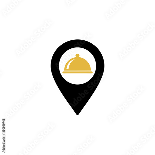 Food location pin icon vector illustration representing a restaurant or eatery pinpointed on a map with a covered dish graphic