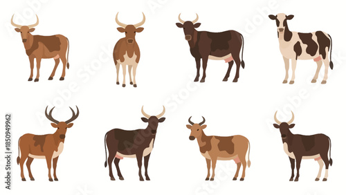 Diverse cartoon illustration showcasing various breeds of cows and cattle isolated on a white