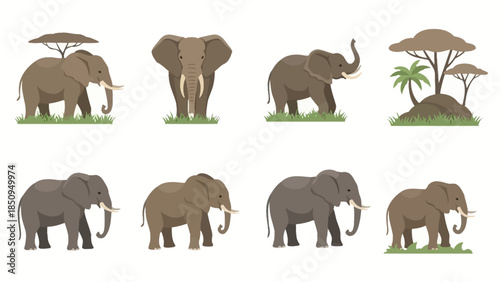 Illustration of multiple african elephants in various poses and settings graphic
