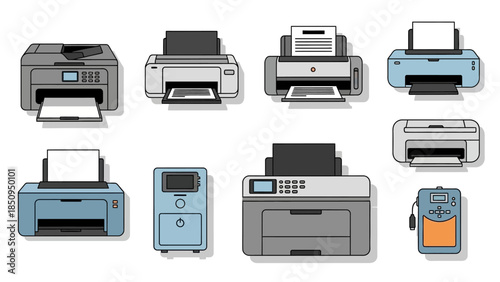 Illustration of Various Types of Printers and Electronic Devices on a White Background
