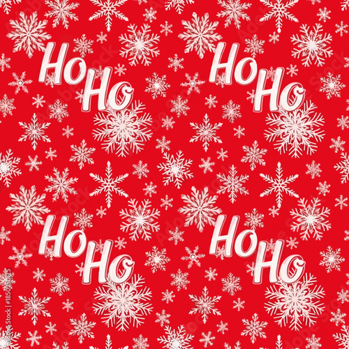 Festive Christmas pattern with 'Ho Ho Ho' text and white snowflakes on red background vector