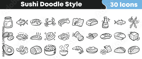 Thirty charming hand drawn black and white doodle style sushi icons featuring fish crab avocado ginger and chopsticks on transparent background