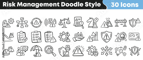 Collection of thirty unique black and white doodle style icons representing various concepts related to risk management on transparent background