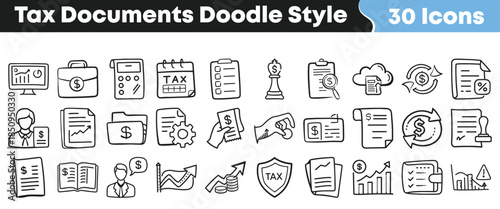 Collection of thirty unique hand drawn doodle style icons representing various finance tax document and accounting concepts on transparent background