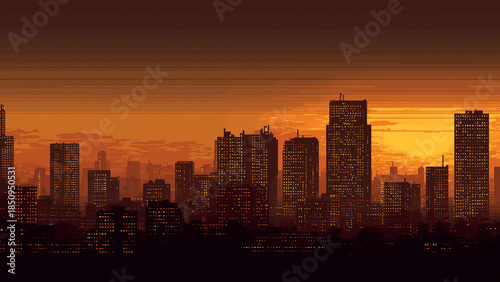 Sunset over city skyscrapers with warm gradient sky