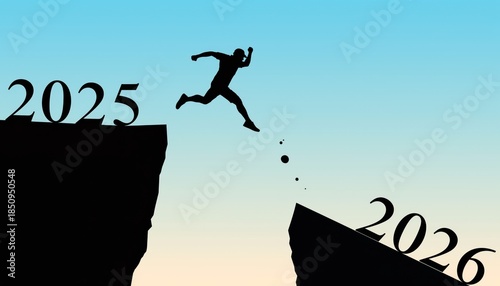Modern New Year 2026 Illustration with Silhouette Man Jumping Between Rocks and Blue Sky