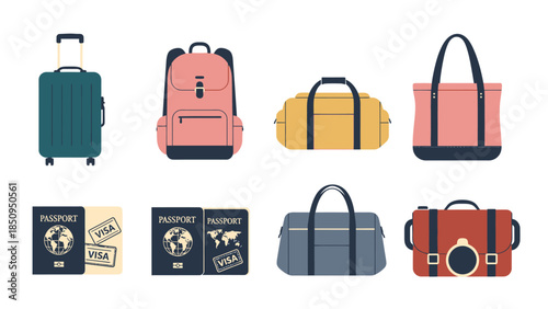 Colorful Travel Bags and Documents Illustrating Vacation Preparation Essentials
