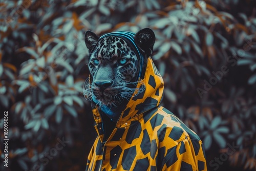 Retrato de leopardo antropomórfico con chaqueta moderna, Leopardo con ojos azules y abrigo urbano, Diseño conceptual de felino con estética moderna