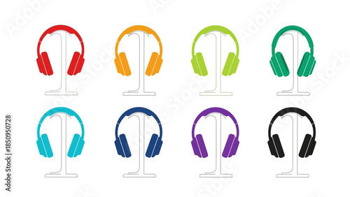 Colorful Headphones on Stands Displaying a Range of Options for Audio Listening