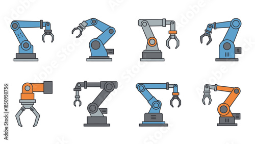 Collection of stylized robotic arms for industry, automation, and technology themes