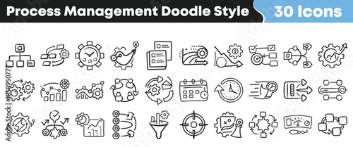 Thirty hand drawn doodle style icons representing various concepts related to process management planning and workflow on transparent background