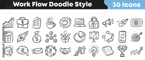 Collection of thirty hand drawn business and finance workflow doodle style icons perfect for project planning and development on transparent background
