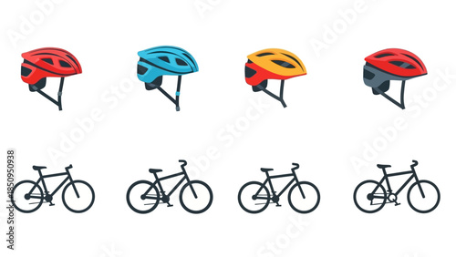 Bicycles and Helmets Graphic Collection Featuring Various Colors and Styles for Cycling Enthusiasts