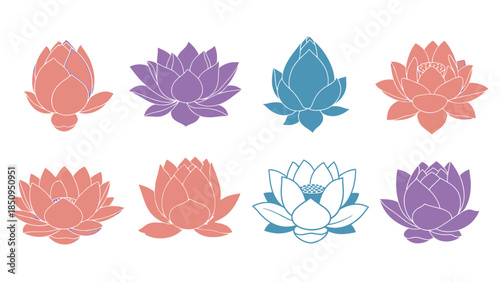 Elegant Lotus Flower Set in Various Colors for Spa Wellness and Meditation Concepts