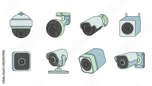 Collection of cartoon CCTV cameras vector illustration showcases security systems equipment in a