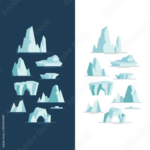 Set of various icebergs floating on water