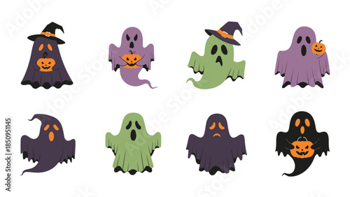 Cute Halloween Ghost Collection: Spooky Cartoon Characters for Festive Designs