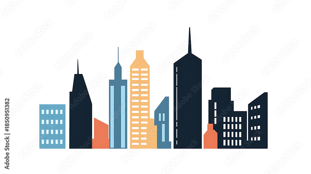 Obraz premium Modern city skyline illustration featuring geometric skyscrapers in blue, orange, and black against a bright white background. Design emphasizes simplicity and clean lines, a contemporary cityscape.