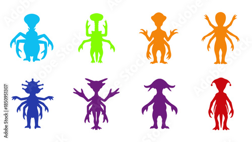 Colorful Alien Silhouettes Set on White Background for Design and Illustration Projects