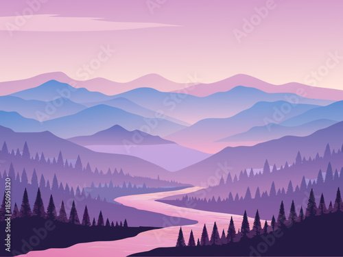 A serene landscape of layered mountains a winding river and pine forests