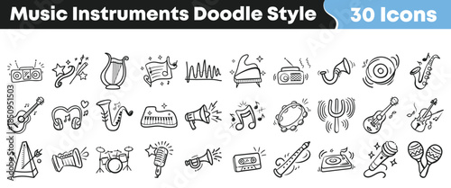 Collection of thirty hand drawn music instrument and audio equipment icons in a cute doodle art style on transparent background