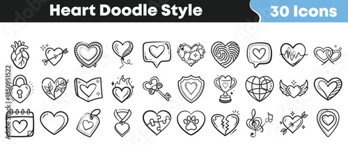 Collection of thirty unique hand drawn black and white heart doodle icons perfect for romantic designs on transparent background