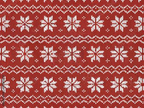 Red and white knitted christmas pattern with snowflakes and zigzags