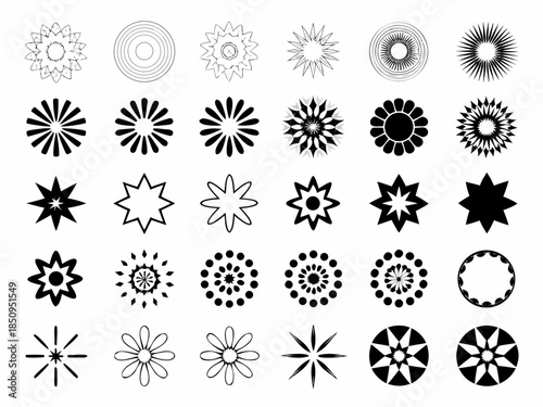 Collection of diverse circular and starburst shaped black and white designs