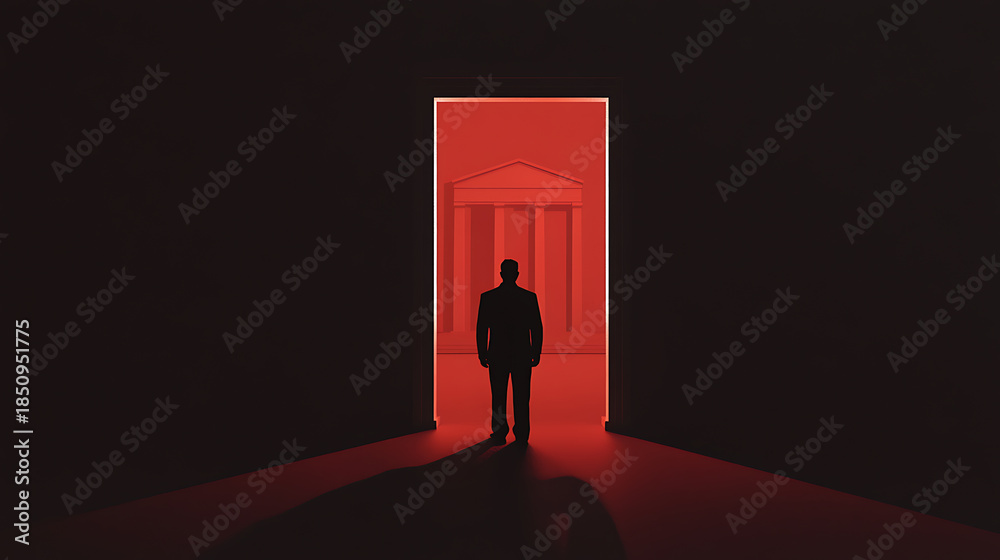 Obraz premium A silhouette of a person stands at the threshold of a doorway, bathed in red light, hinting at opportunities or challenges ahead, with a classical building in the background.