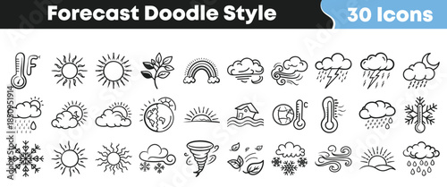 Collection of thirty hand drawn weather forecast doodle style icons featuring sun rain wind snow thermometer and natural elements on transparent background