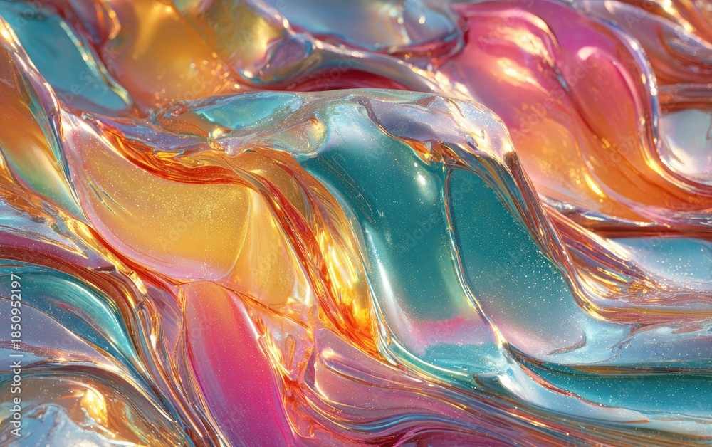 Obraz premium Abstract rendering of swirling, iridescent textures, shifting between gold, pink, blue, and teal hues