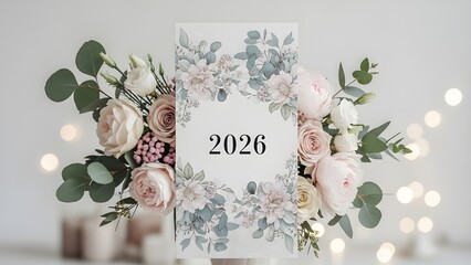 Happy New Year 2026 floral greeting card with soft pastel roses, eucalyptus leaves, and bokeh lights