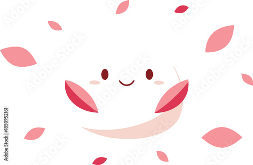 Smiling cute character with floating pink petals illustration