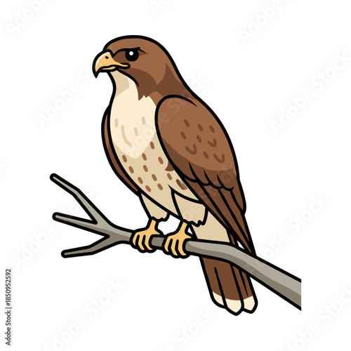 Hawk bird of prey perching on branch cartoon