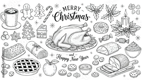 Christmas Holiday Food and Dinner Sketch Set – Hand Drawn Roasted Turkey, Pie, and Sweets