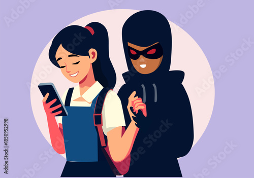 Illustration Girl Unaware of Hacker Lurking Behind While Using Smartphone