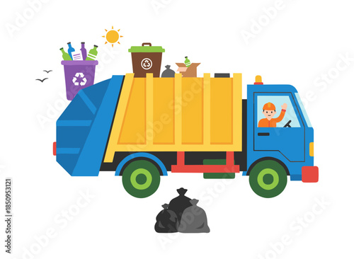 Garbage truck with driver collecting waste for recycling