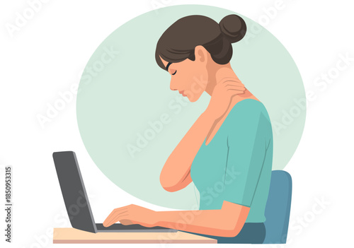 Illustration Woman Suffering from Neck Pain while Working on Laptop