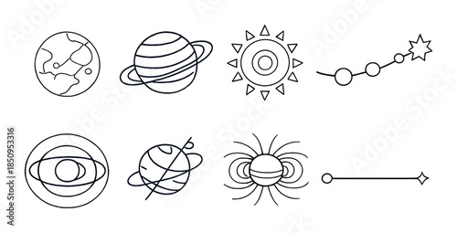 Minimalist line art: planetary icons and celestial symbols