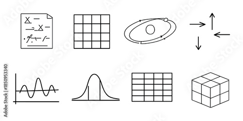 Mathematical concepts: equations, graphs, grids, and geometry illustrations