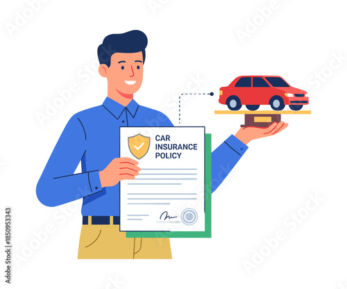 Man holding car insurance policy and securing vehicle protection