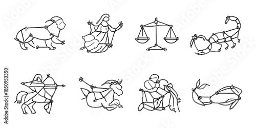 Zodiac symbols: aries, virgo, libra, scorpio, sagittarius, capricorn, aquarius, cancer constellations