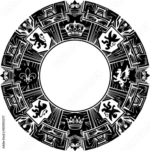 Elegant heraldic emblem with crown, fleur-de-lis, and lions for regal designs, historical projects, and sophisticated branding with a classic, timeless appeal