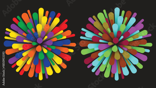  Colorful abstract explosion of vibrant shapes and hues radiating outwards on a dark background